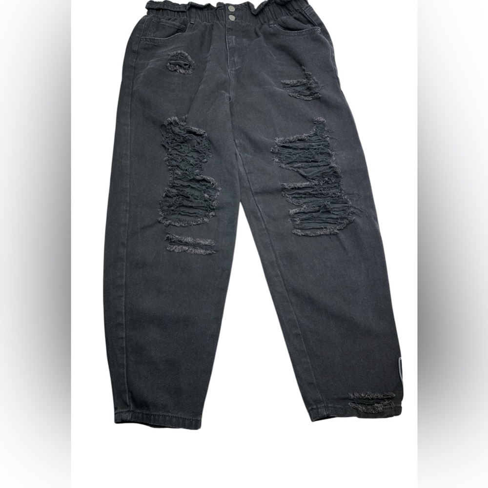 Elite Black Distressed denim Women’s Jeans size‎ XL elastic waist band (E15)